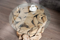 RIVERSIDE Handgearbeiteter Couchtisch 60cm Teakholz runde Glasplatte Massivholz