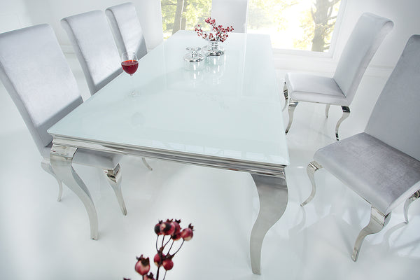 MODERN BAROCK Eleganter Design Esstisch 200cm weiß Edelstahl Opalglas Tischplatte