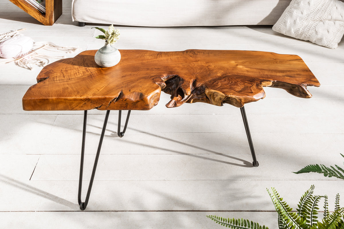 WILD Massiver Couchtisch 100cm Teak Massivholz Baumscheibe Hairpin Legs