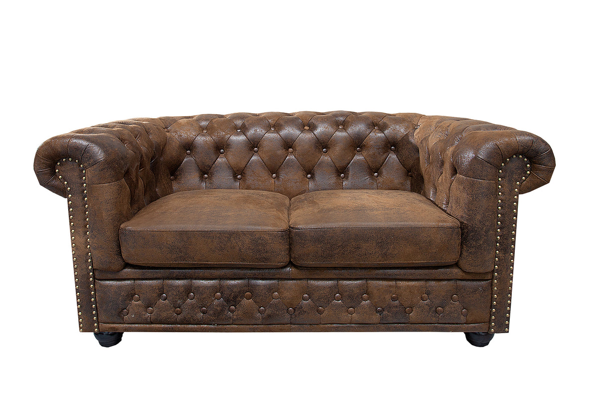 Chesterfield 2er Sofa 150cm antik braun mit Knopfheftung und Federkern