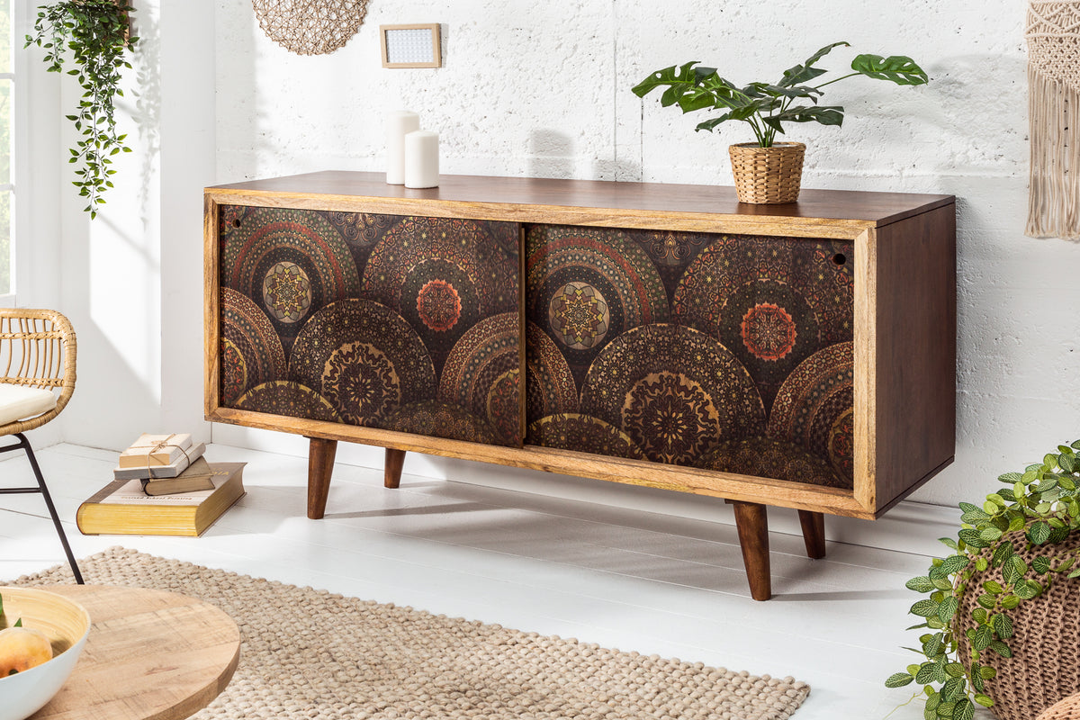 MANDALA Solid sideboard 160cm mango wood colorful with sliding doors