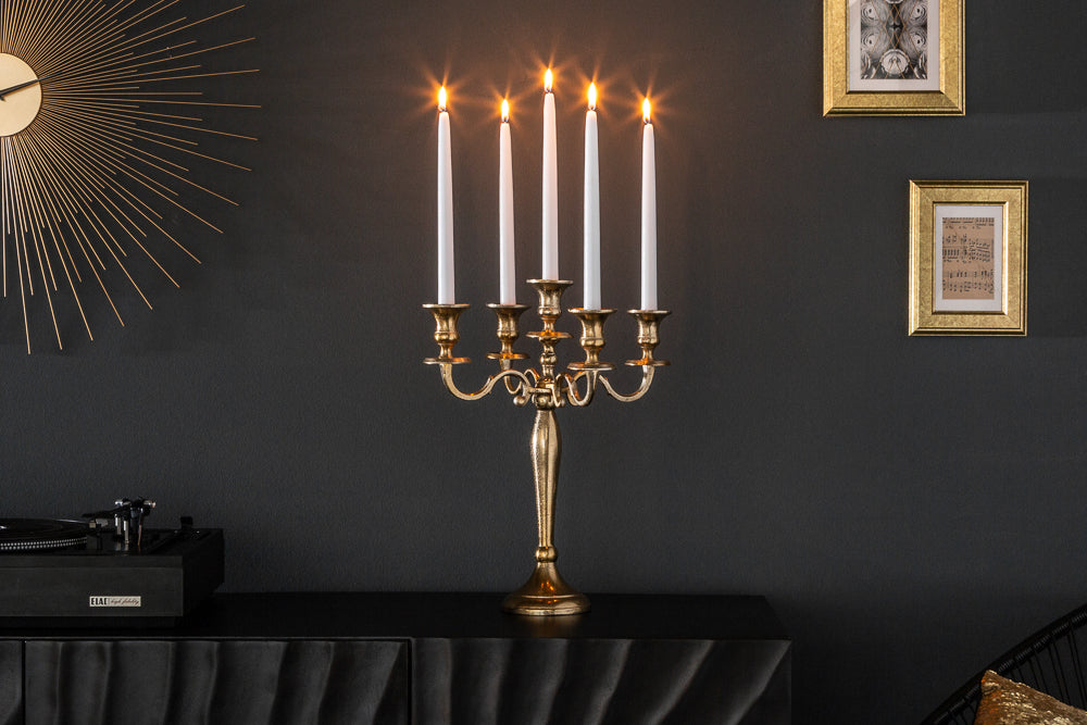 Kerzenständer MODERN BAROCK 40cm gold 5-armig Lüster Aluminium poliert – Sitheim