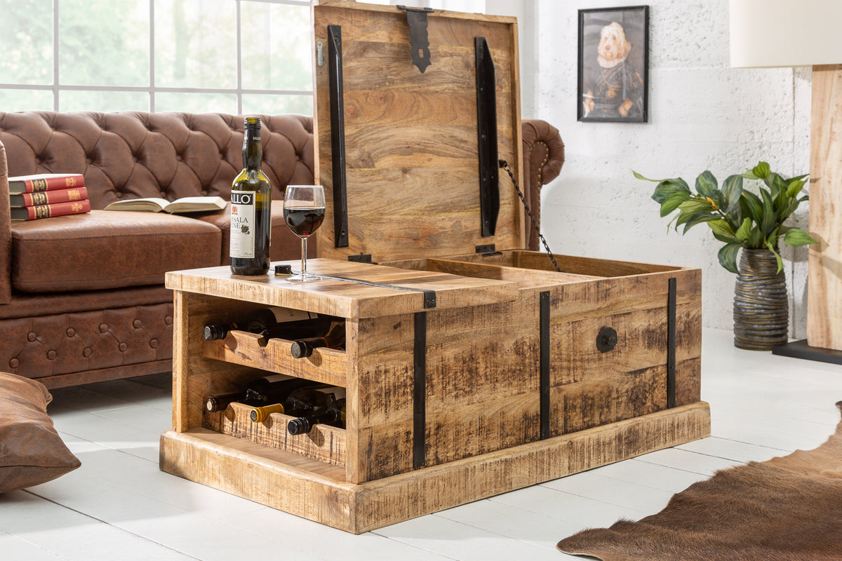 BODEGA Massivholz Couchtisch 100cm Mangoholz Hausbar Truhe mit Stauraum