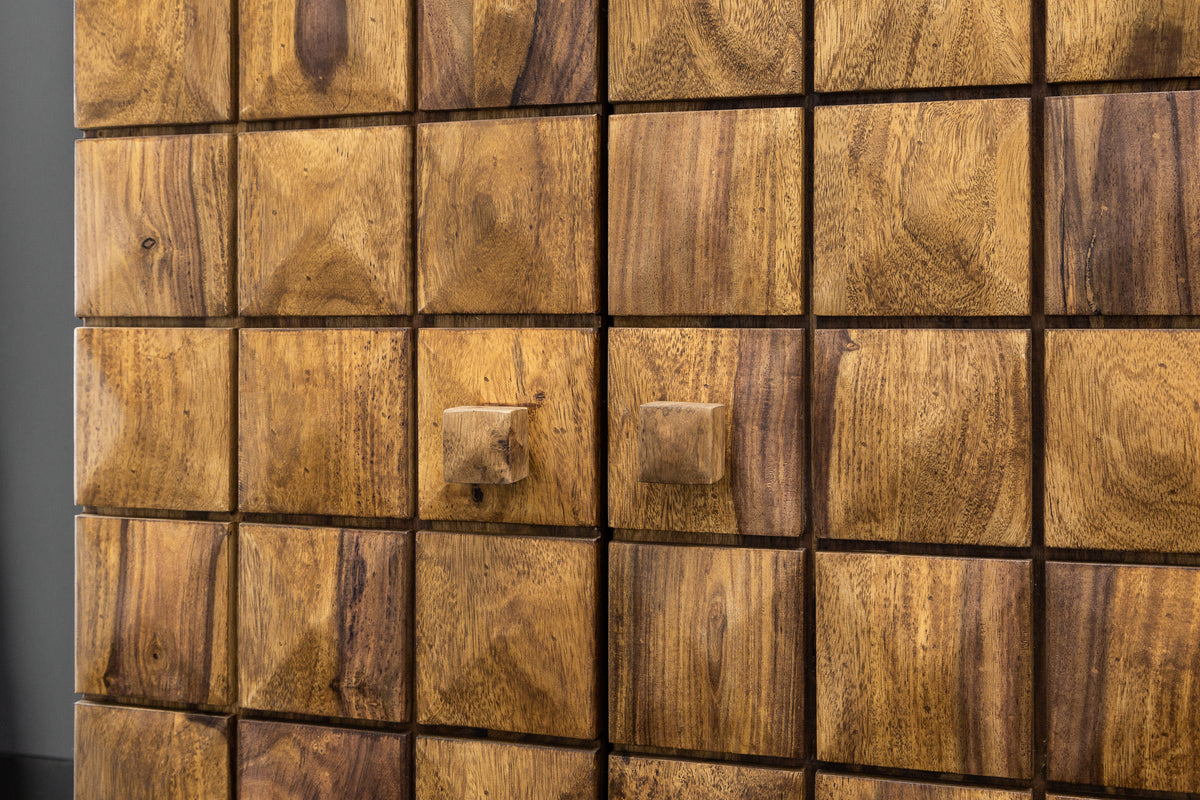 MOSAICO Handgearbeiteter Barschrank 130cm Sheesham Holz stone finish 3D Effekt
