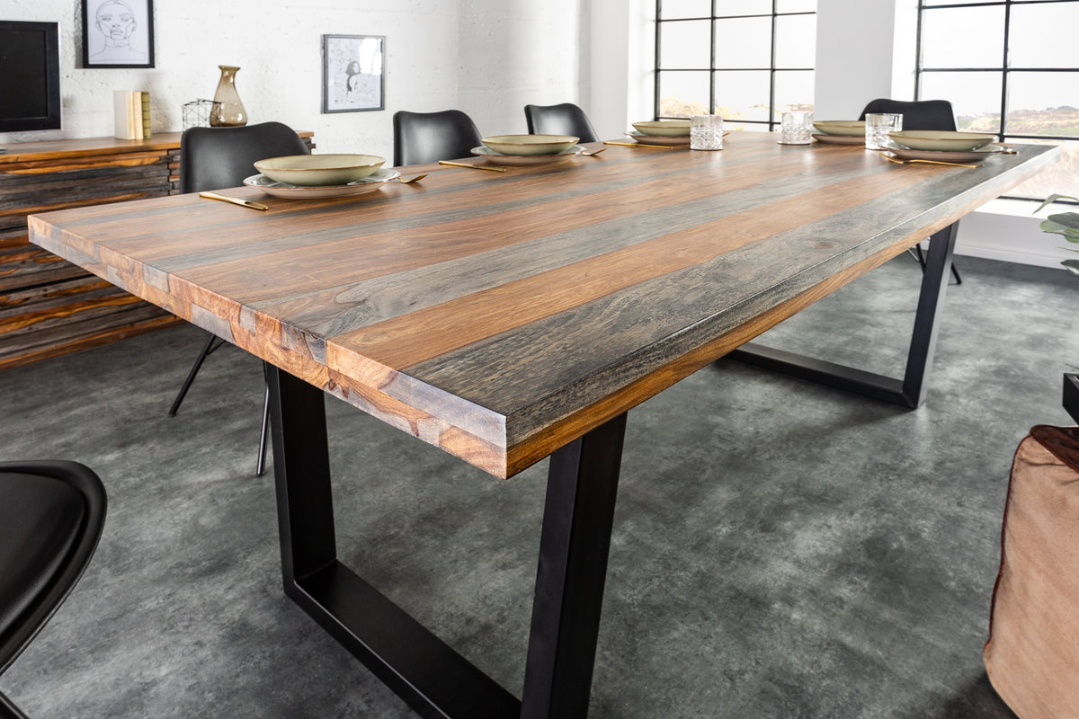 FIRE &amp; EARTH Solid dining table 200cm Sheesham wood gray smoke finish unique grain