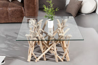 Design Teakholz Couchtisch DRIFTWOOD 80cm mit Glasplatte eckig