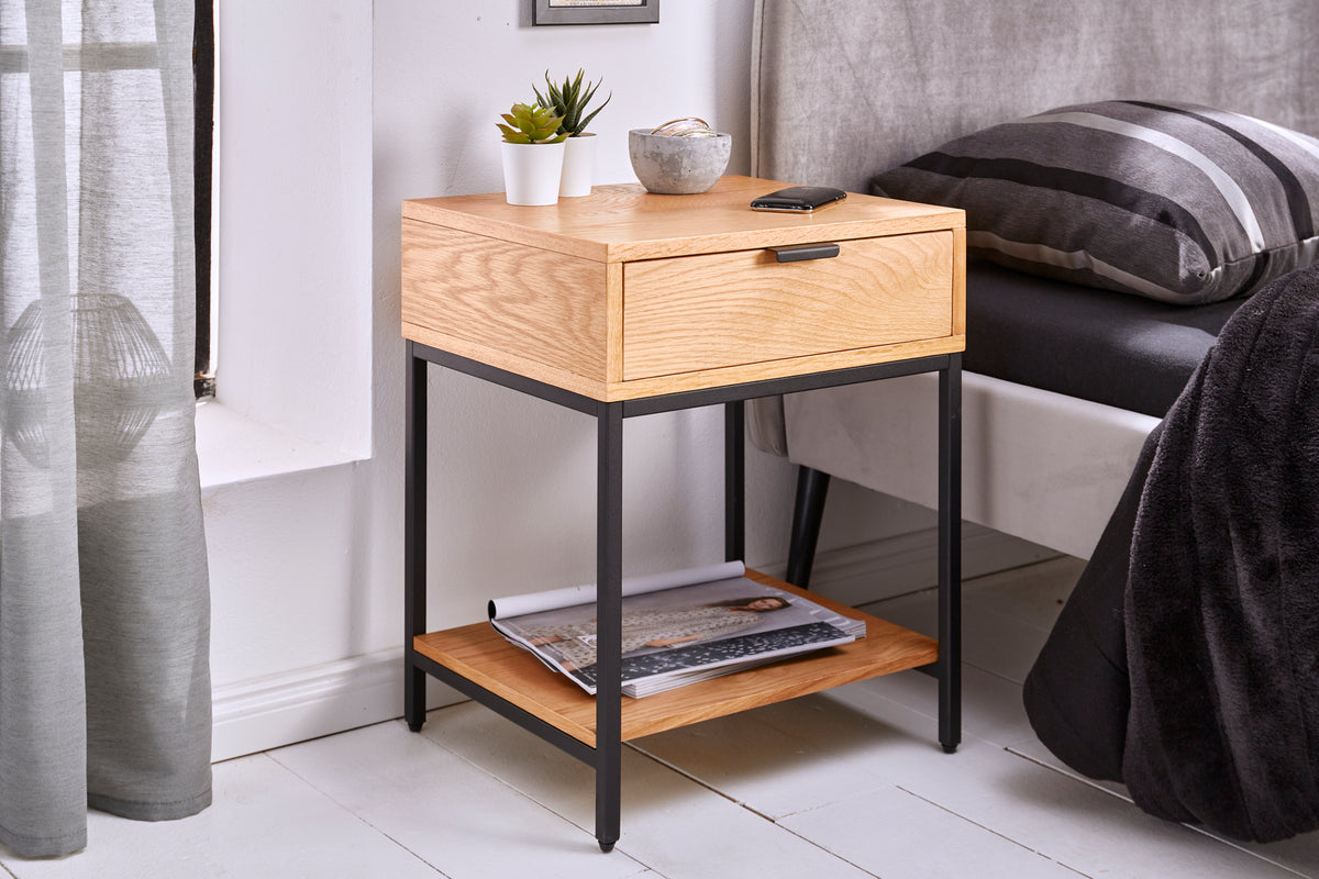 ELEMENTS Industrial bedside table 40cm oak side table with drawer