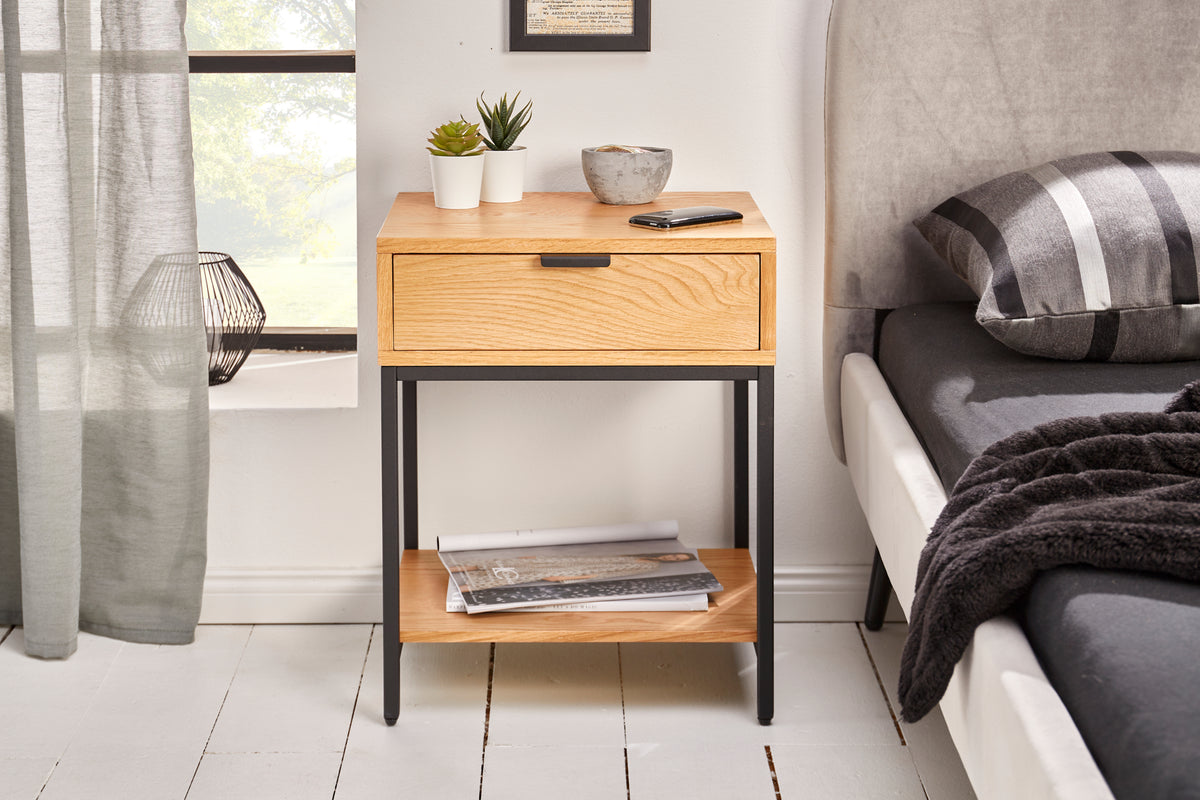 ELEMENTS Industrial bedside table 40cm oak side table with drawer