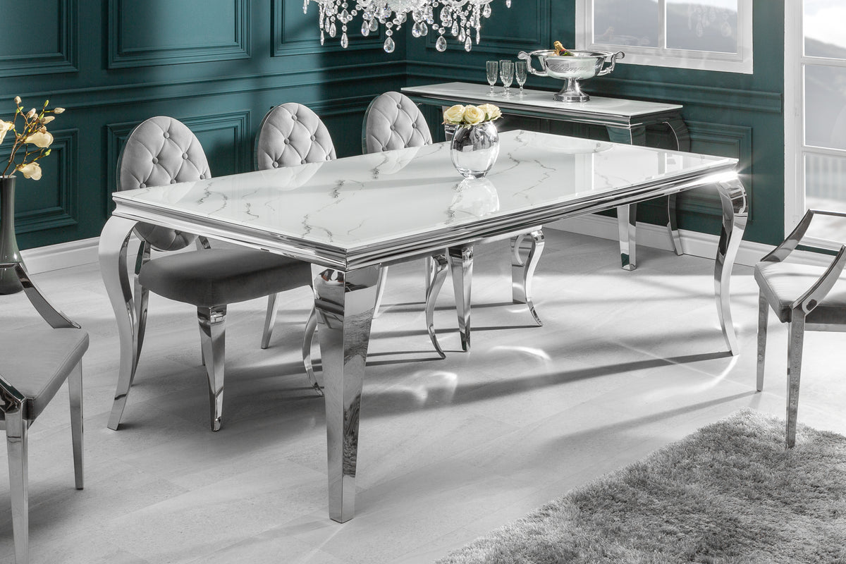 MODERN BAROQUE Elegant dining table 200cm glass top in marble look stainless steel legs