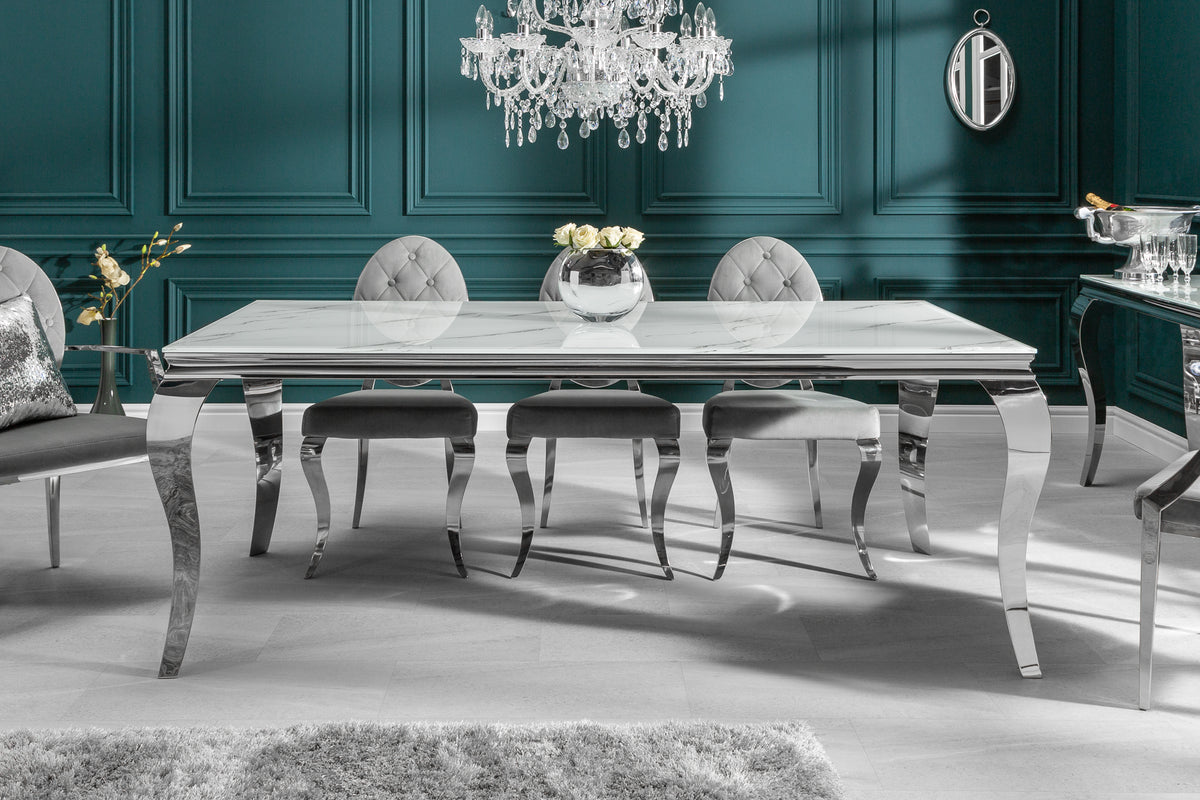 MODERN BAROQUE Elegant dining table 200cm glass top in marble look stainless steel legs