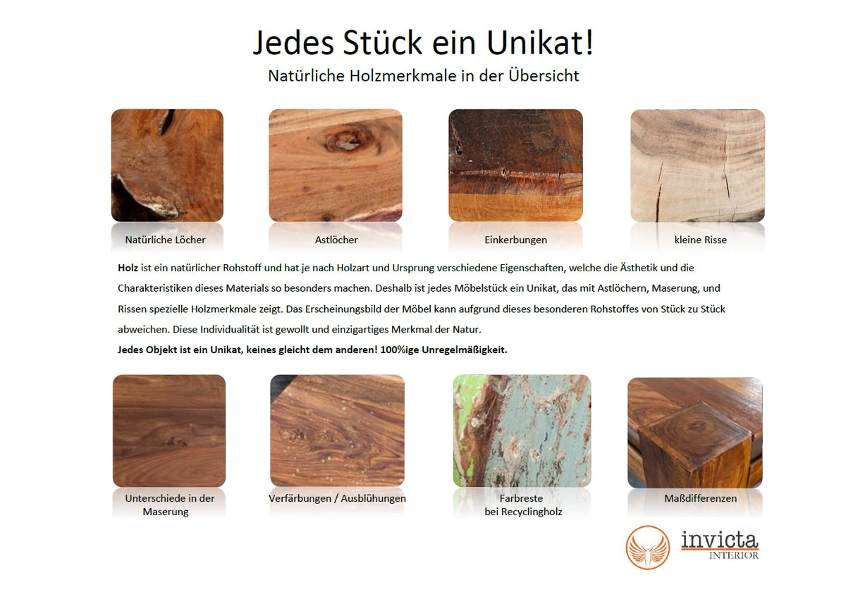 BARRACUDA Massiver Esstisch 180cm antik Teak Holz mit Stahl Kufenfüßen inkl. Glasplatte