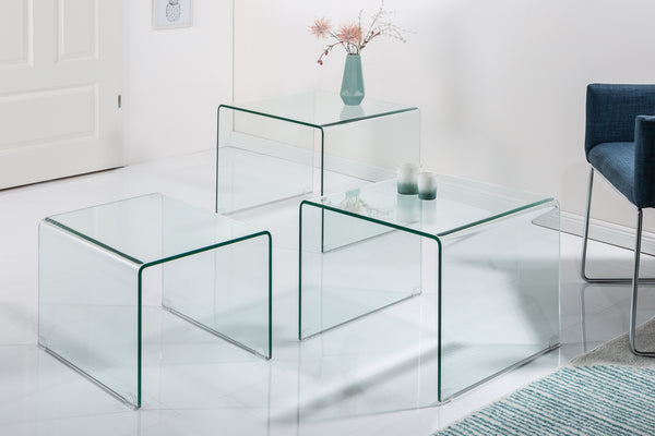 FANTOME Design 3er Set Glas Couchtisch 60cm Beistelltische transparent