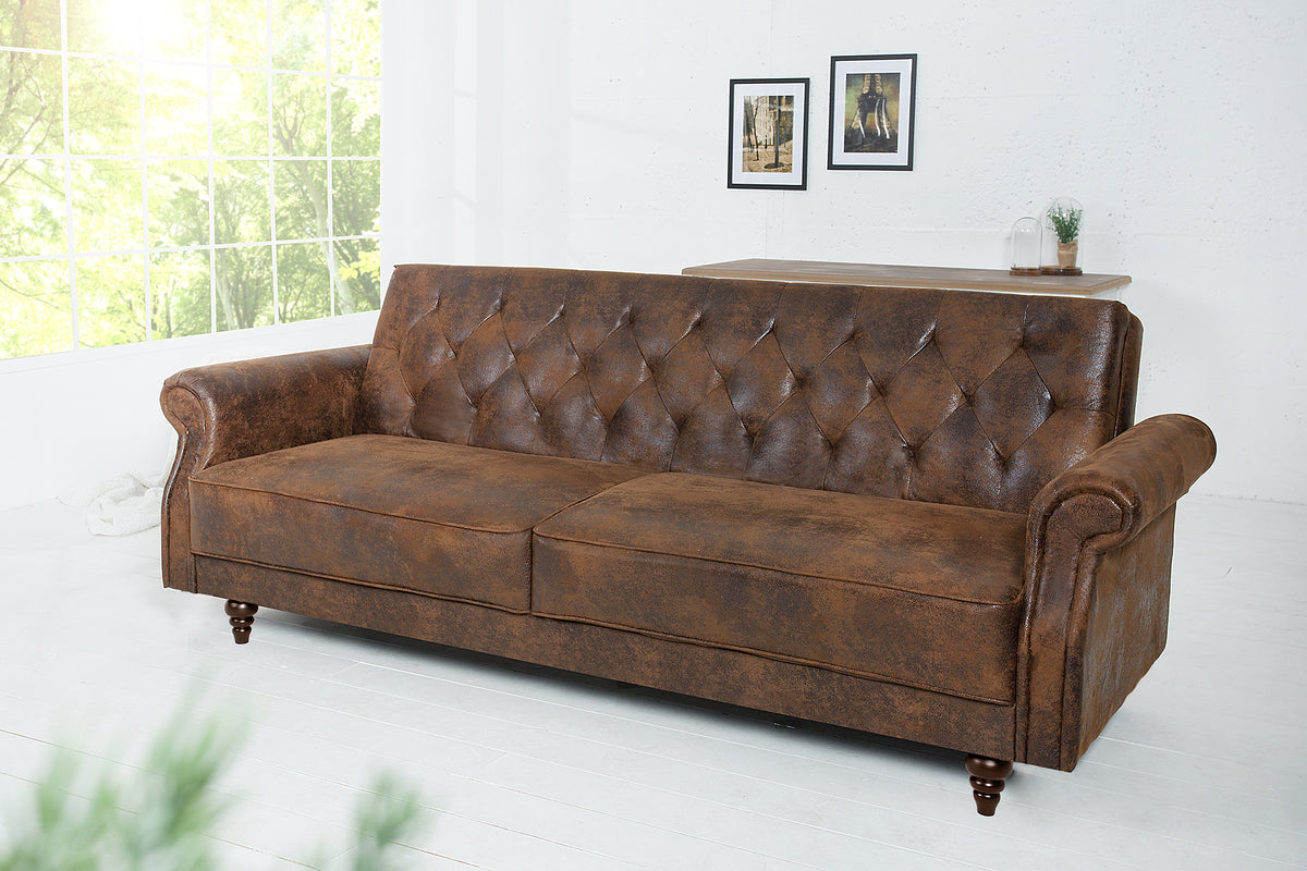 MAISON BELLE AFFAIRE Chesterfield 3er Sofa 220cm antik braun 3-Sitzer mit Schlaffunktion