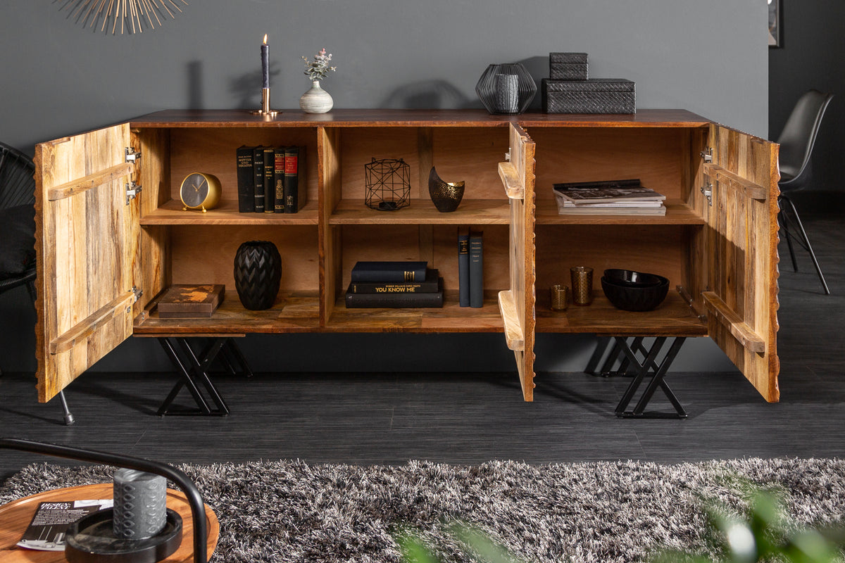 FLUID Handgearbeitetes Sideboard 160cm Mangoholz aufwendiges Frontdesign