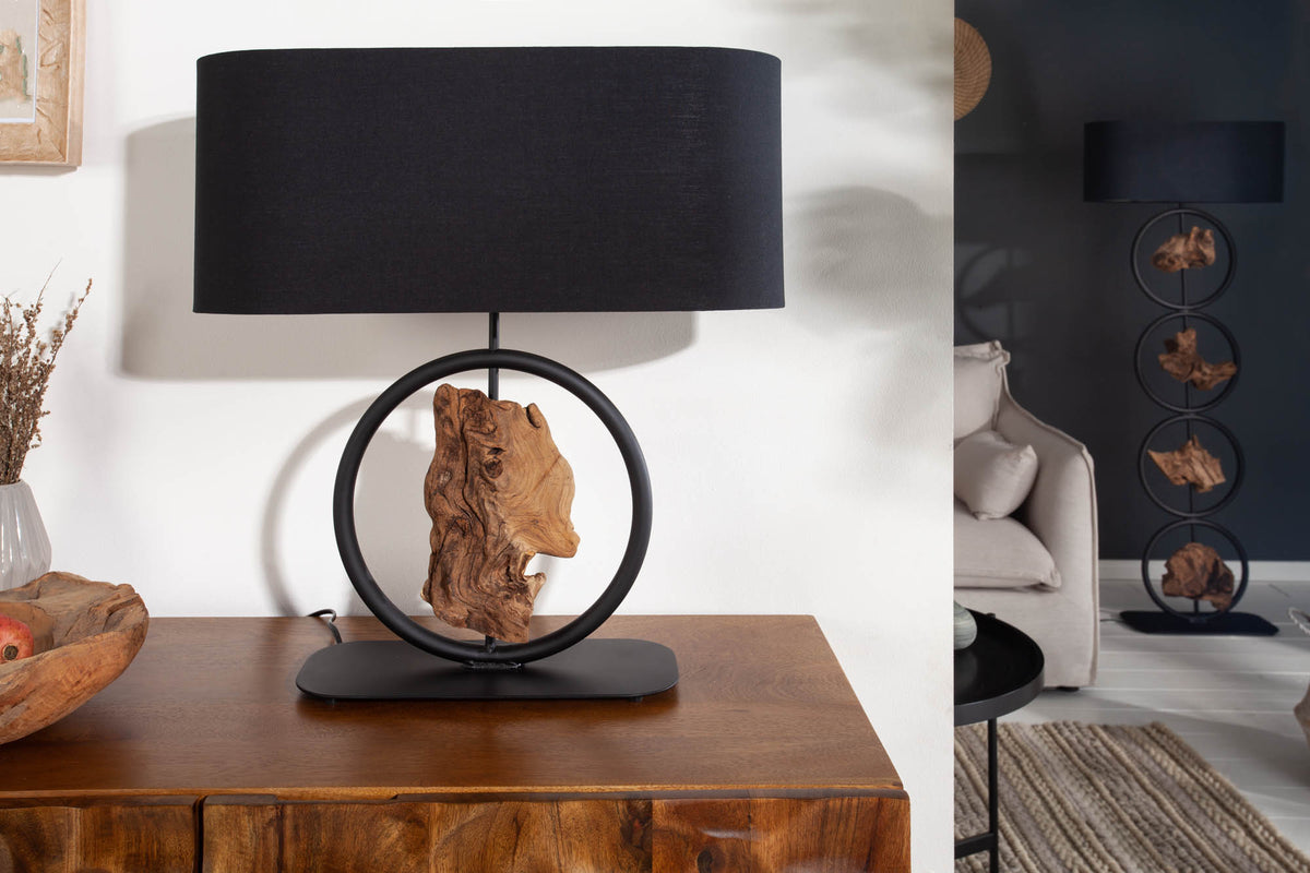 ELEMENTS Design Tischlampe 58cm schwarz Baumwollschirm Fuß mit Massivholz