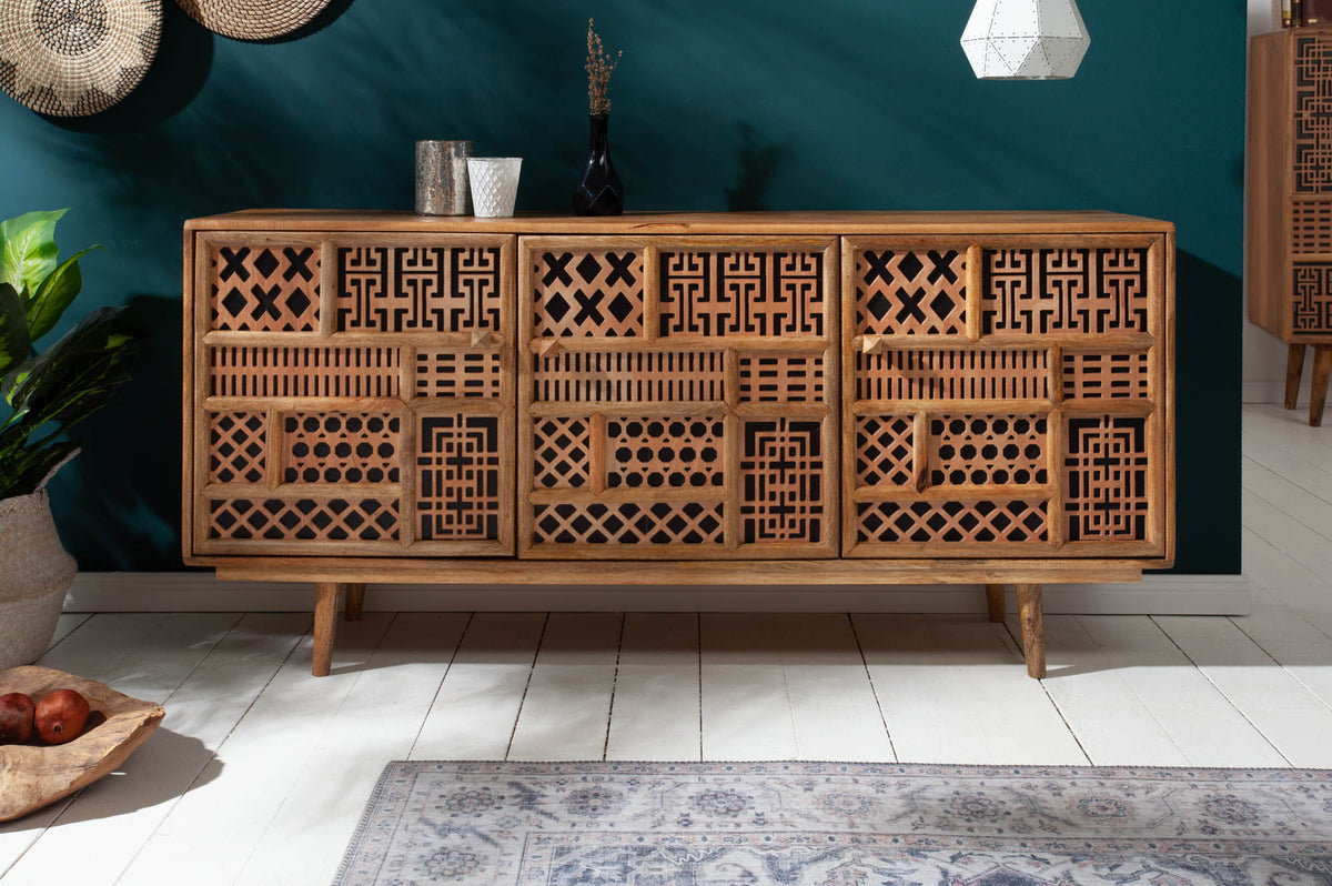 MARRAKESCH Massives Sideboard 160cm Mangoholz mit Verzierung Boho Stil