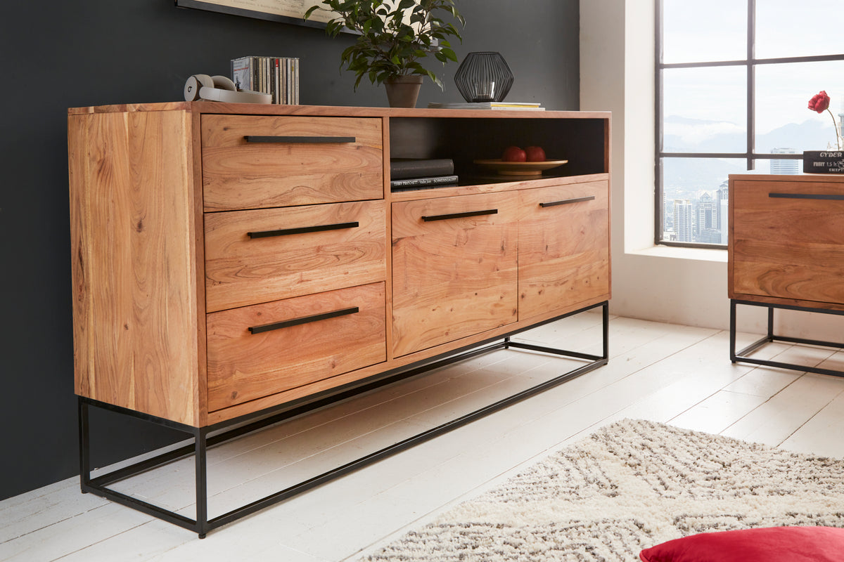 STRAIGHT Solid sideboard 165cm acacia wood natural black industrial style