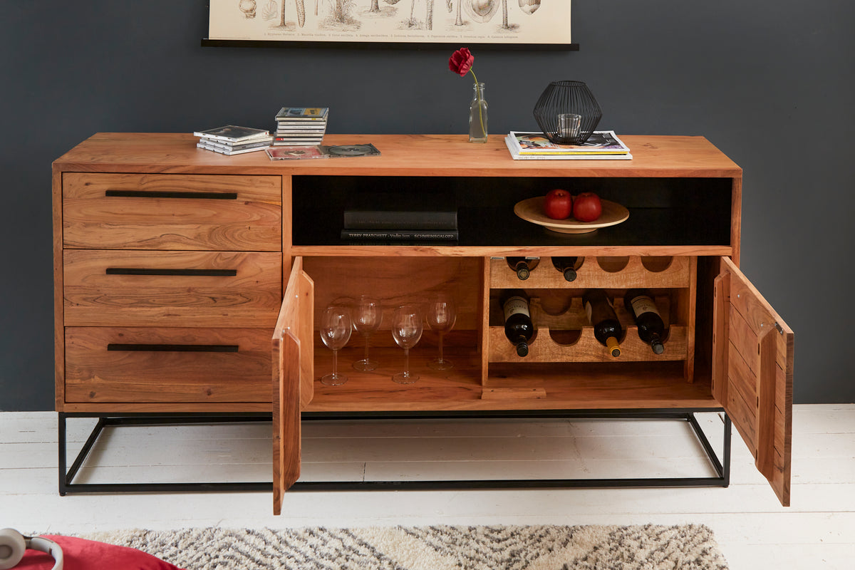 STRAIGHT Solid sideboard 165cm acacia wood natural black industrial style