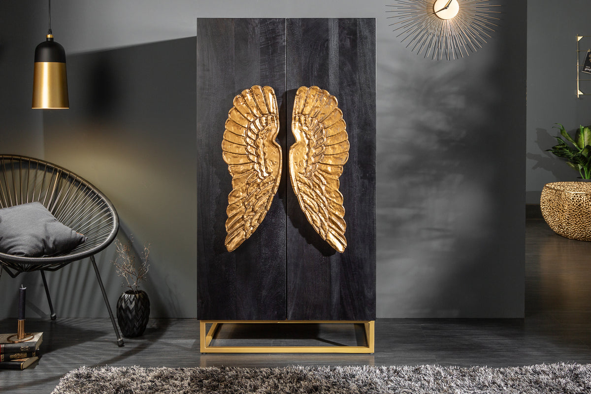 Highboard ANGEL 140cm schwarz Mangoholz mit goldenen Flügeln