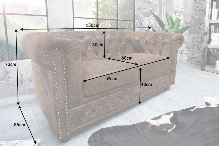 Chesterfield 2er Sofa 150cm antik braun mit Knopfheftung und Federkern