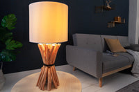 EUPHORIA Handgefertigte Tischlampe 56cm beige Longan-Holz mit Leinenschirm