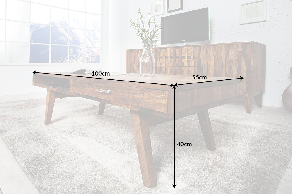 RETRO Handgearbeiteter Couchtisch 100cm Sheesham Massivholz mit Schubladen