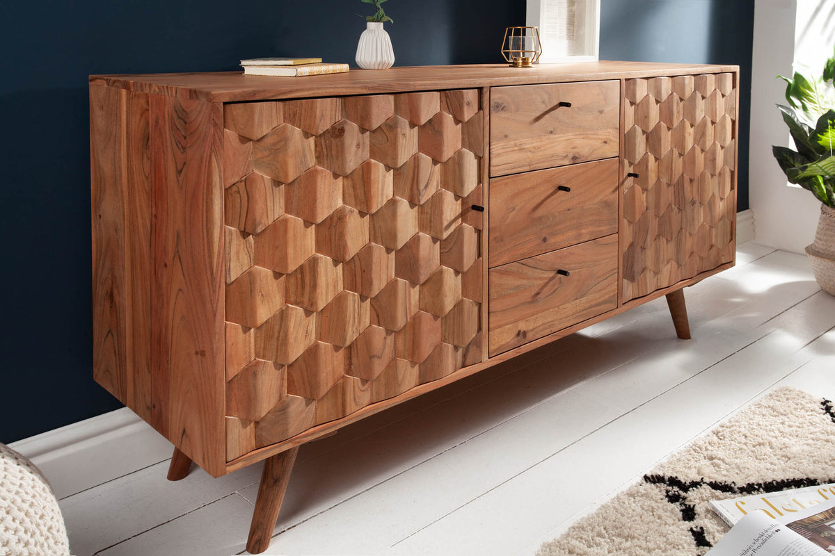 MYSTIC LIVING Solid sideboard 145cm natural acacia 3D surface solid wood