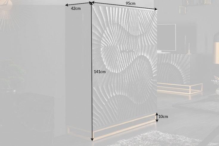 SCORPION Massiver Barschrank 141cm schwarz Mangoholz mit 3D Schnitzereien