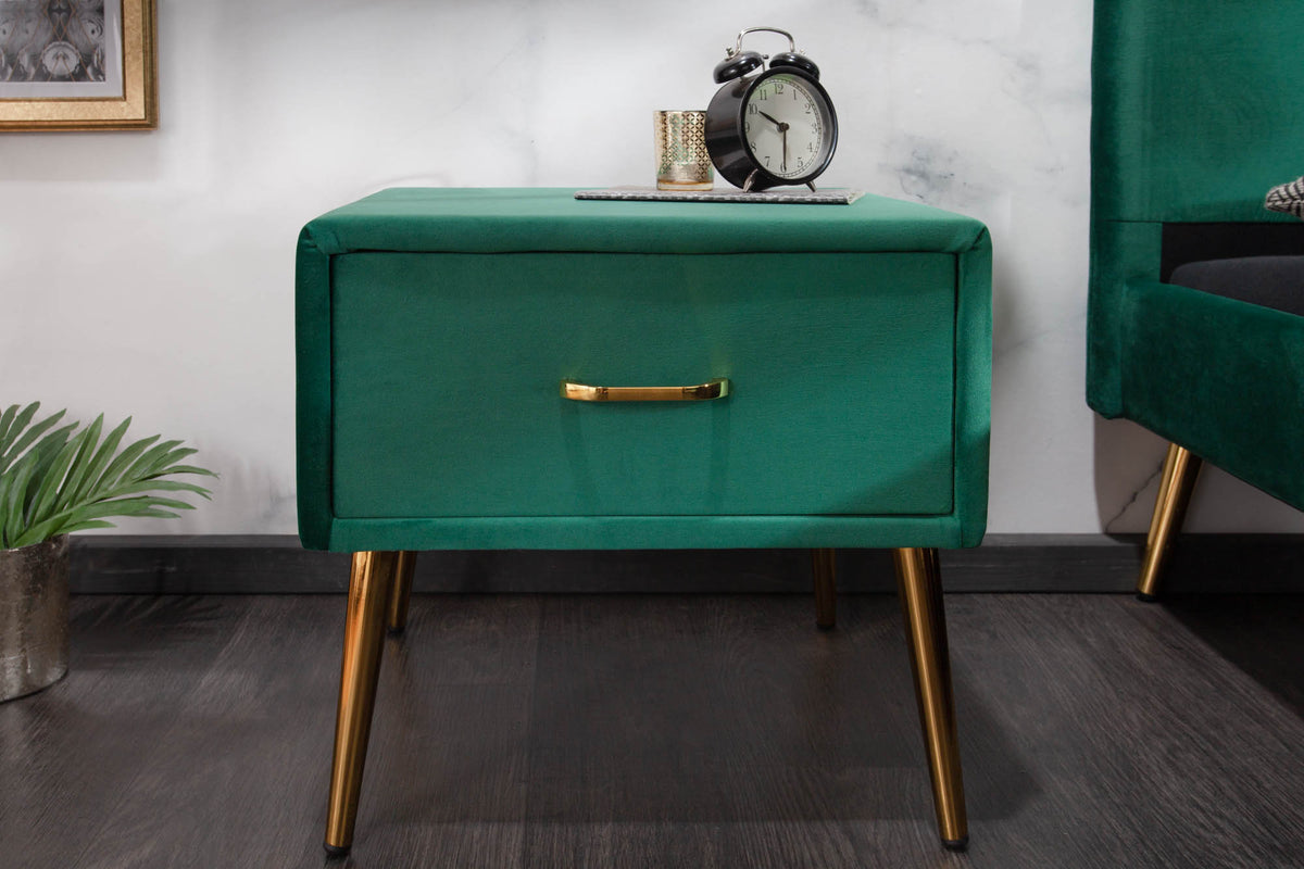 FAMOUS retro bedside table 45cm emerald green velvet with drawer