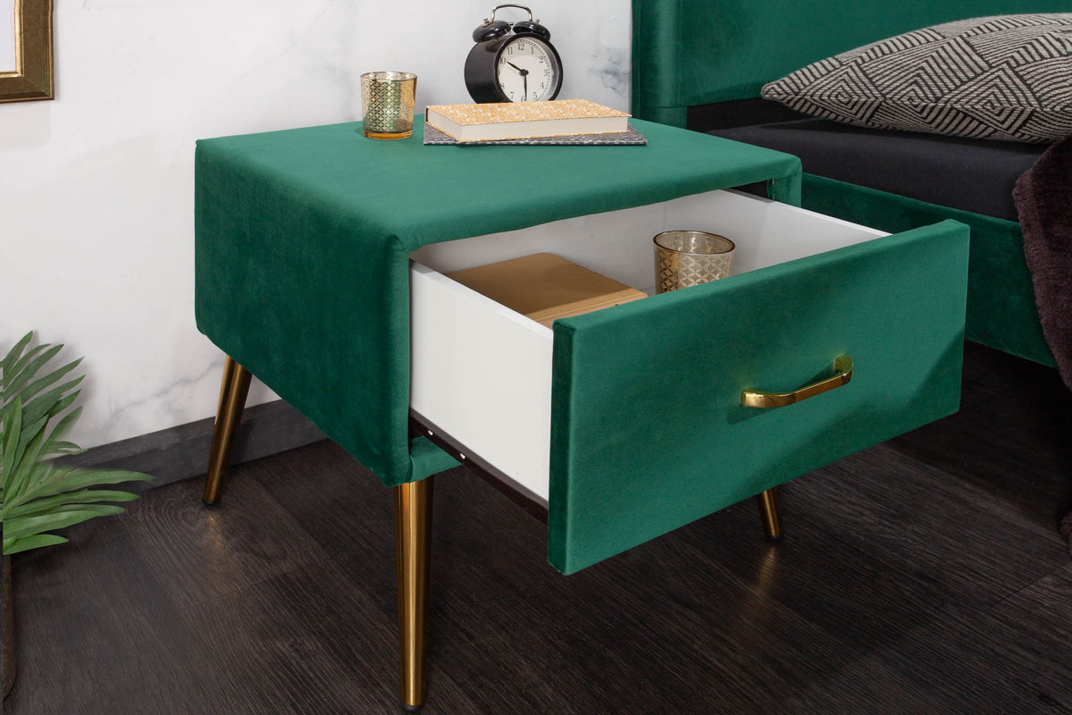 FAMOUS retro bedside table 45cm emerald green velvet with drawer