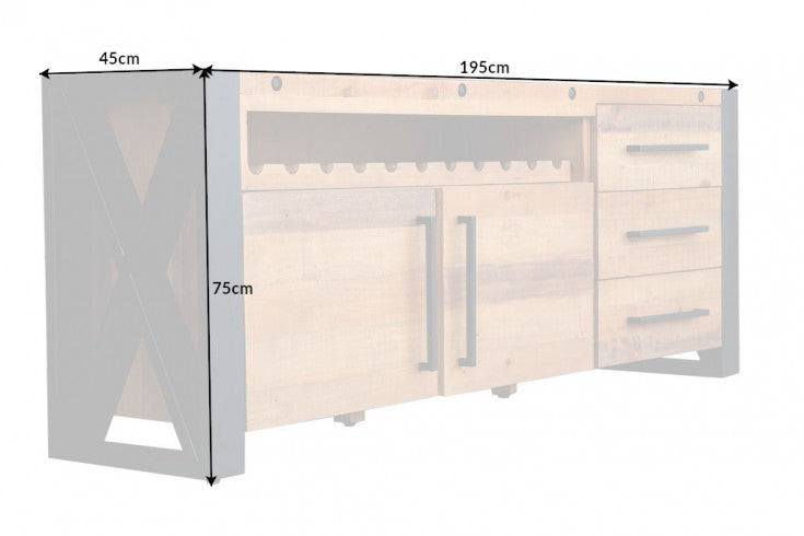 THOR Massives Sideboard 193cm recyceltes Pinienholz Industrial Design mit Flaschenhalterung