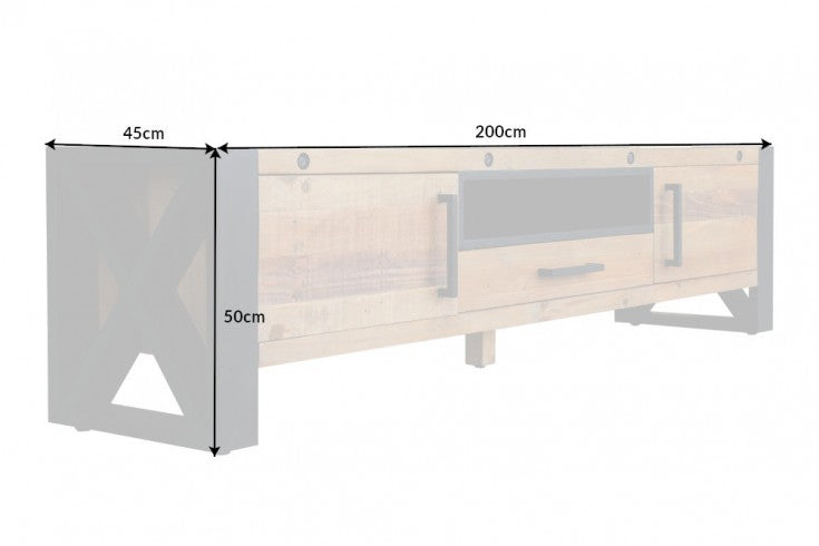 THOR Massives TV-Lowboard 200cm recyceltes Pinienholz im Industrial Design