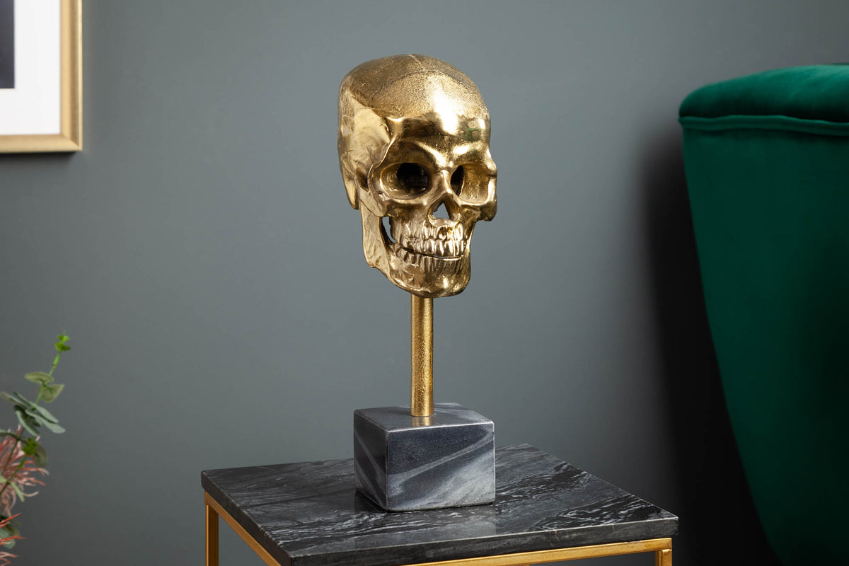 Elegante Skulptur SKULL 35cm gold Totenkopf mit Marmorfuß