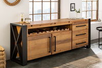 THOR Massives Sideboard 193cm recyceltes Pinienholz Industrial Design mit Flaschenhalterung