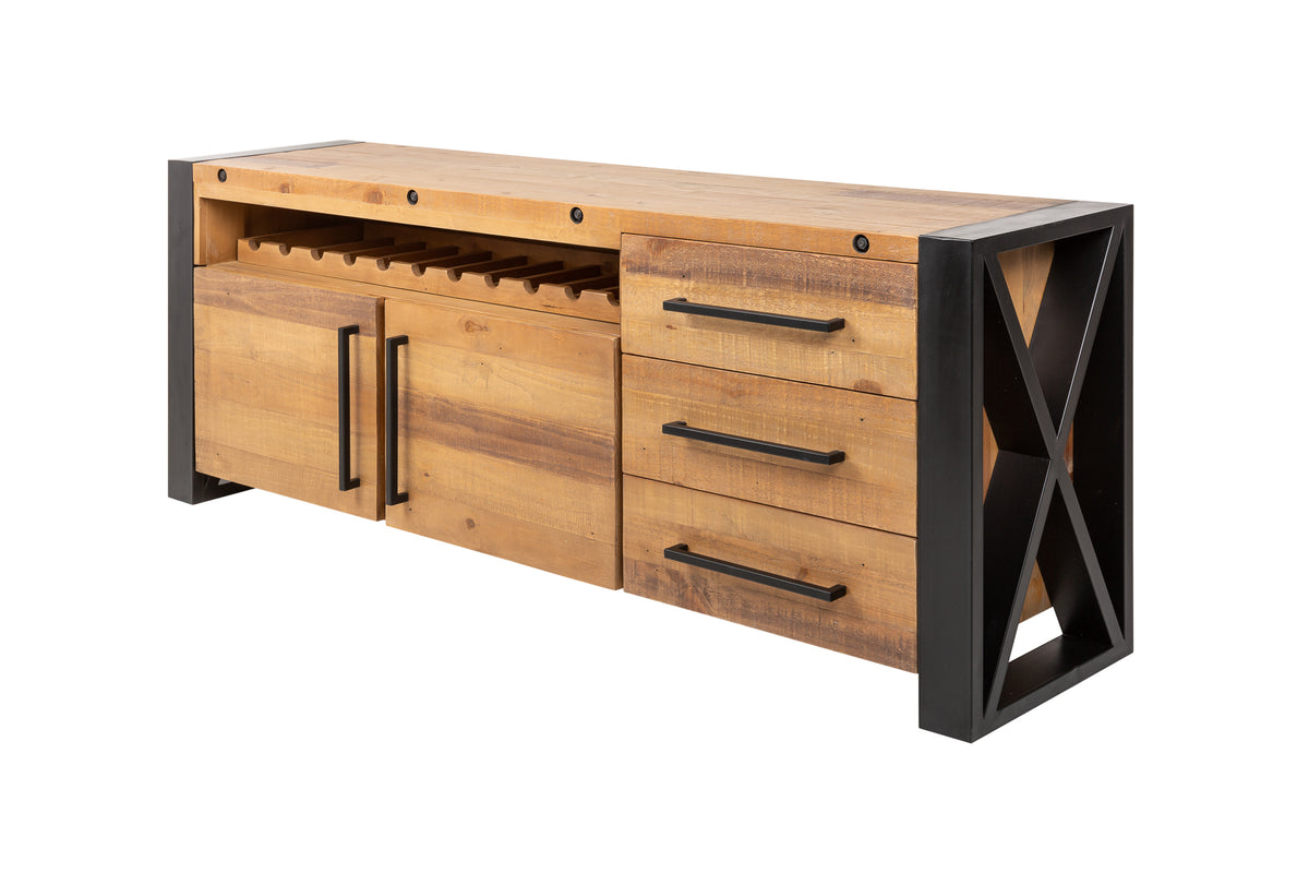 THOR Solid sideboard 193cm recycled pine wood industrial design with bottle holder