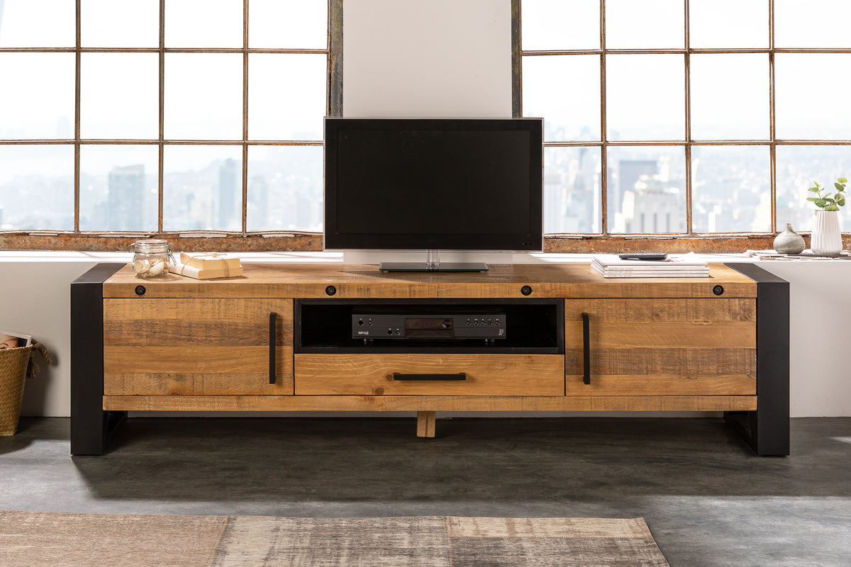 THOR Massives TV-Lowboard 200cm recyceltes Pinienholz im Industrial Design
