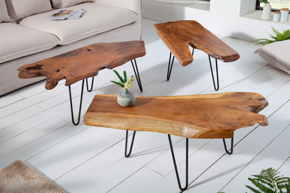 WILD Massiver Couchtisch 100cm Teak Massivholz Baumscheibe Hairpin Legs