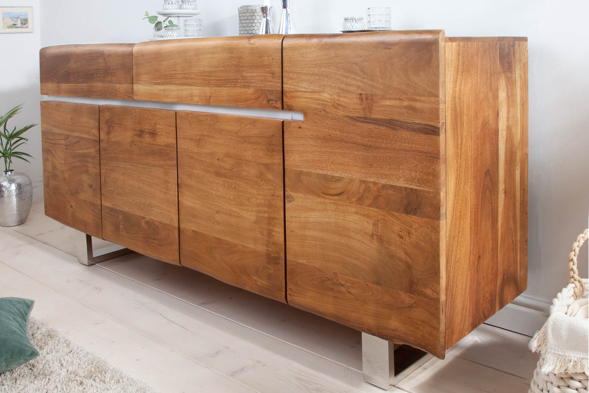 MAMMUT Massives Baumstamm Sideboard 170cm Akazie Kufengestell aus Edelstahl