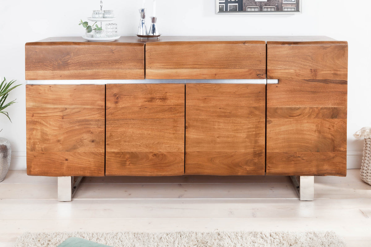 MAMMUT Massives Baumstamm Sideboard 170cm Akazie Kufengestell aus Edelstahl