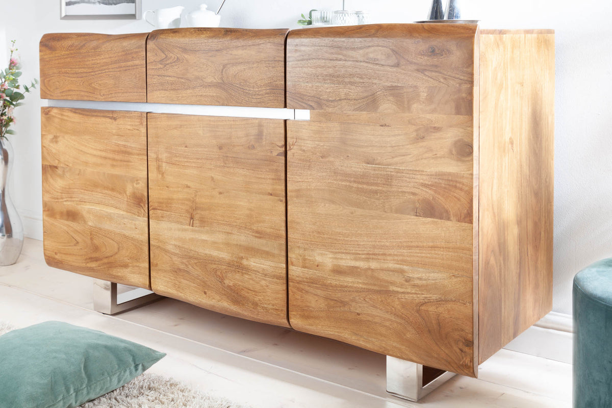 MAMMUT Massives Baumstamm Sideboard 135cm Akazie Edelstahl Kufengestell