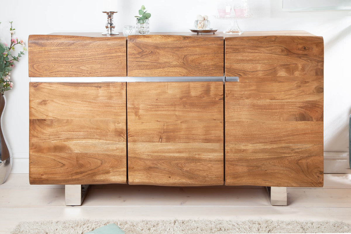 MAMMUT Massives Baumstamm Sideboard 135cm Akazie Edelstahl Kufengestell