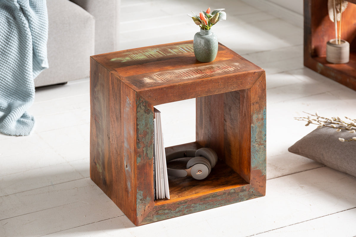 JAKARTA Solid side table 45cm colorful cube made of recycled wood shelf