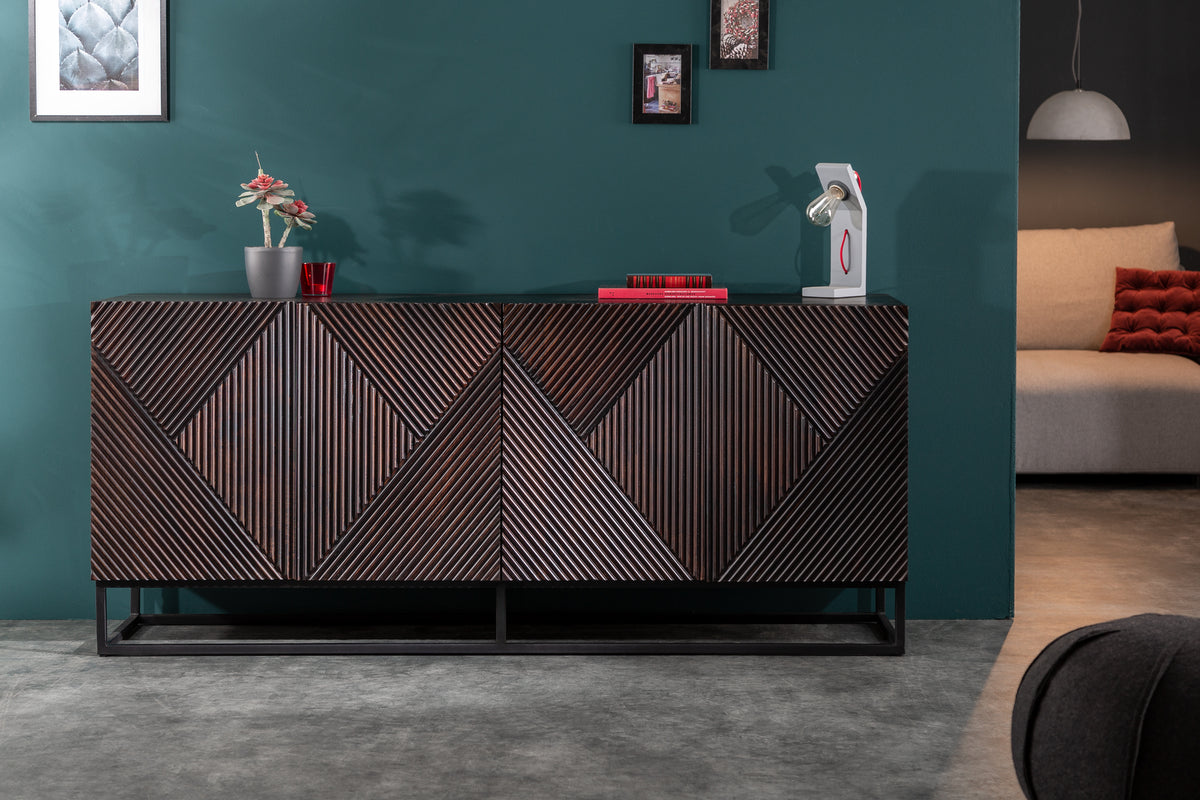 CREATIVO Massives Sideboard 177cm Mangoholz aufwändige Front Retro Design