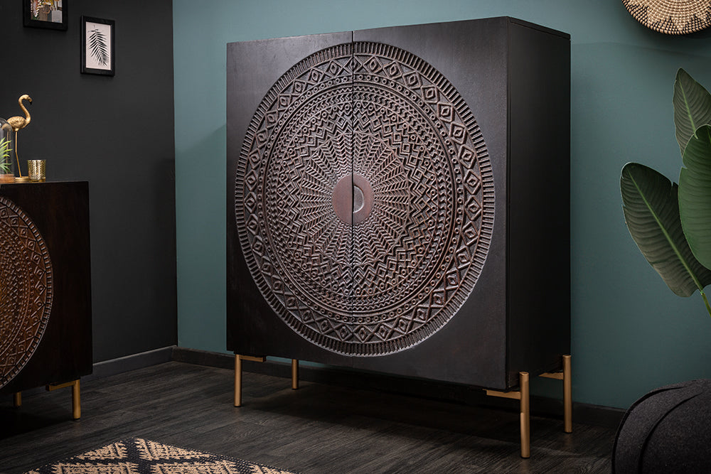 MANDALA Massives Highboard 120cm Mangoholz schwarz goldene Füße