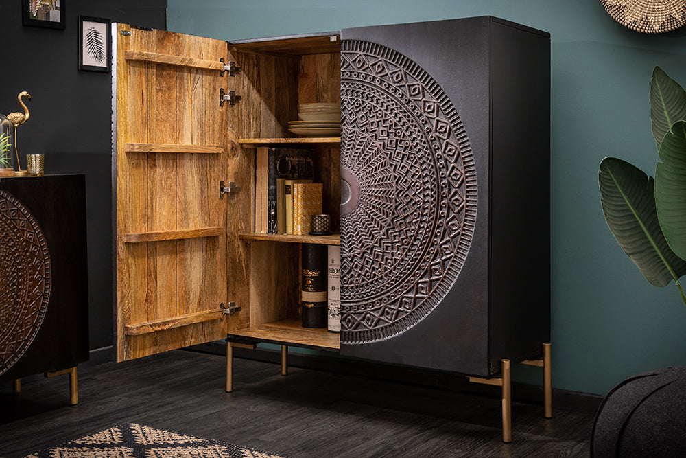 MANDALA Massives Highboard 120cm Mangoholz schwarz goldene Füße