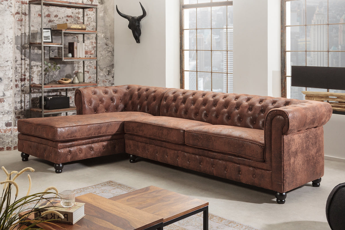 CHESTERFIELD Design Ecksofa 270cm antik braun mit Knopfheftung und Federkern Ottomane links