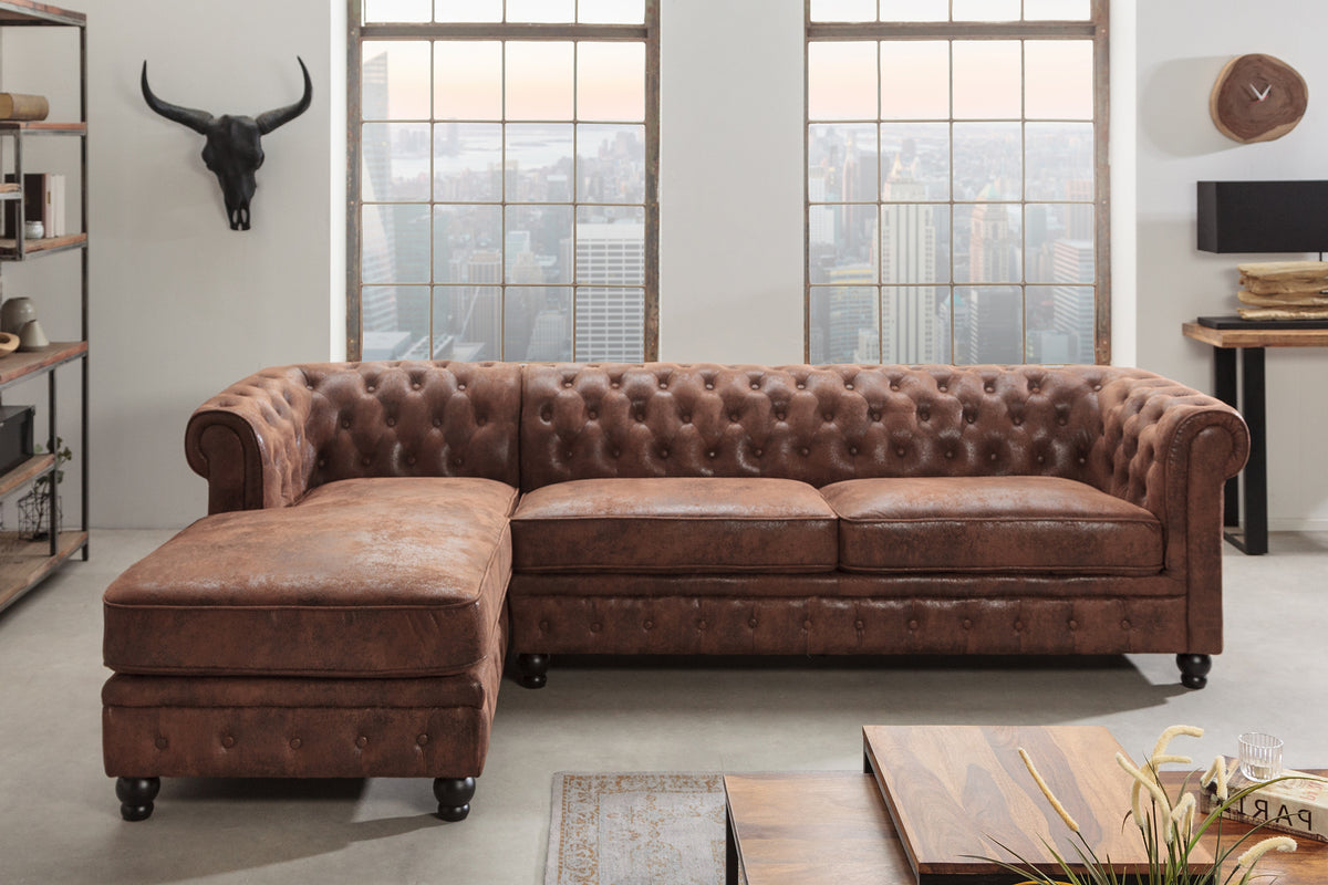 CHESTERFIELD Design Ecksofa 270cm antik braun mit Knopfheftung und Federkern Ottomane links