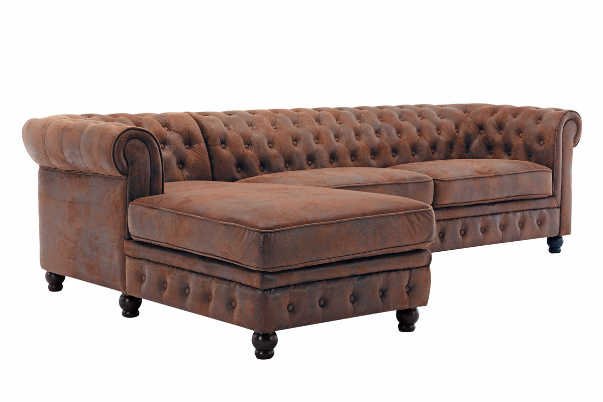 CHESTERFIELD Design Ecksofa 270cm antik braun mit Knopfheftung und Federkern Ottomane links