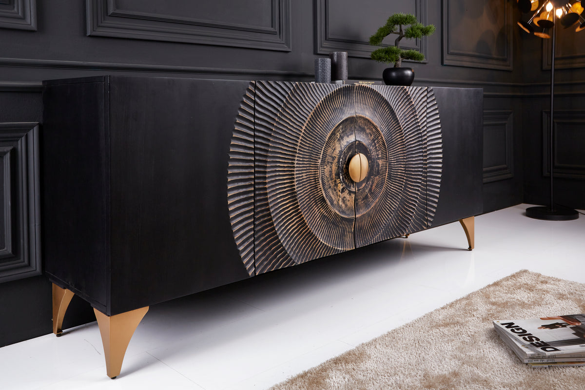 GOLDEN SUNSET Handgearbeitetes Sideboard 177cm schwarz gold Mangoholz