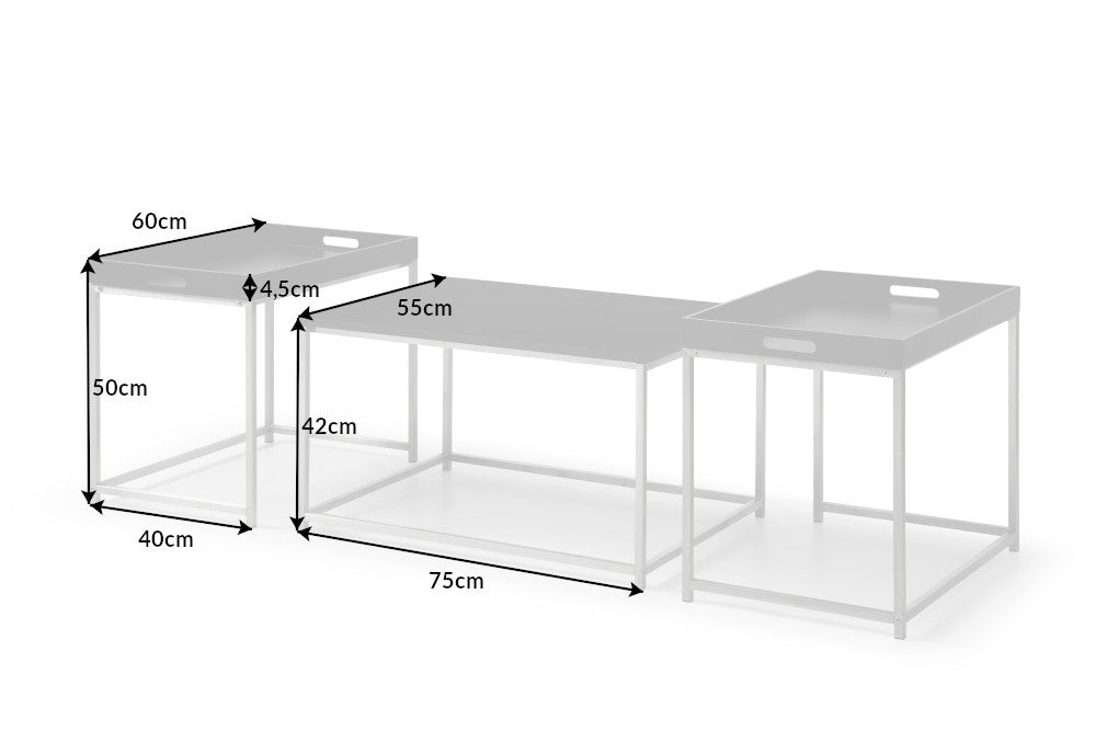 Modernes Couchtisch 3er Set ELEMENTS 75cm schwarz Stahl abnehmbares Tablett